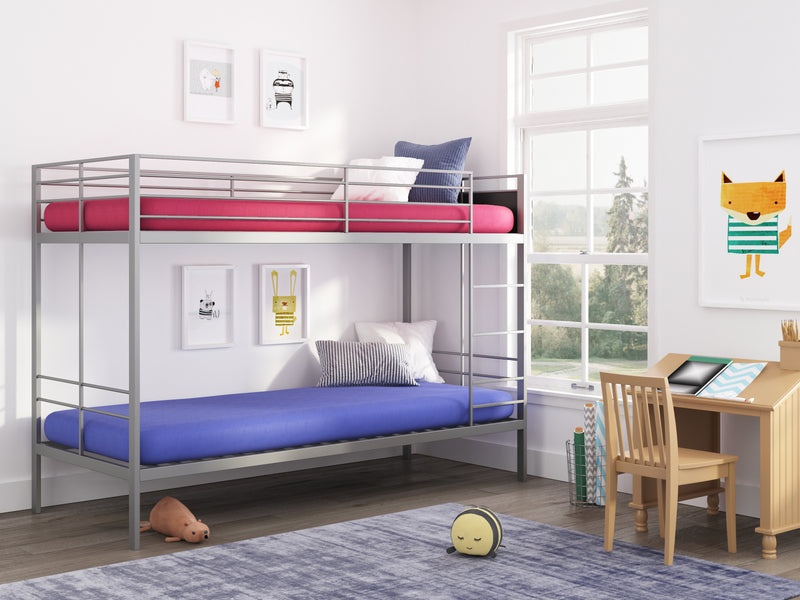a bunk bed with kids mattress in a room