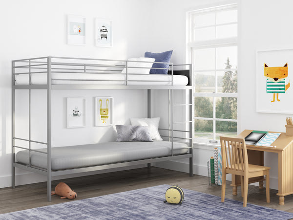 a bunk bed with kids mattress in a room