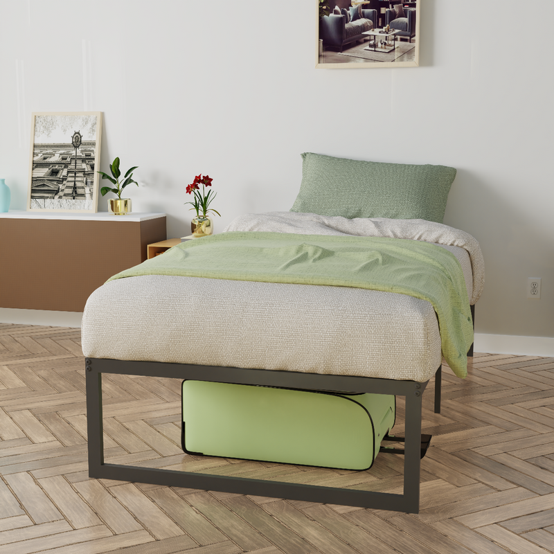 Alpha Metal Platform Bed Frame with a green blanket and a green suitcase
